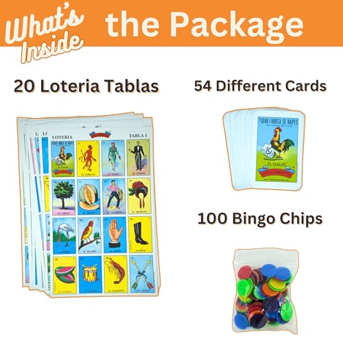 Classic Mexican Lotería bingo-style game with 54 colorful cards and counting chips
