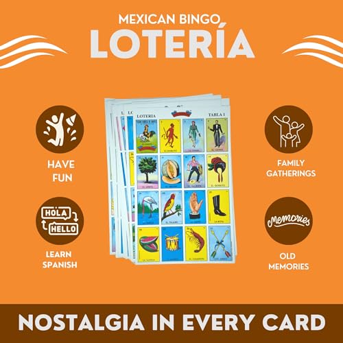 Classic Mexican Lotería bingo-style game with 54 colorful cards and counting chips