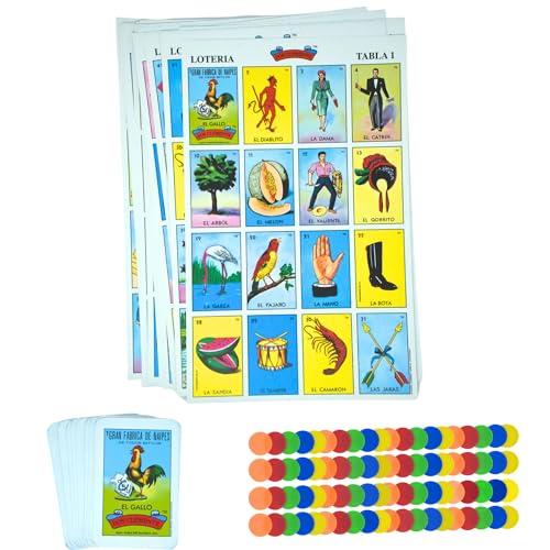 Classic Mexican Lotería bingo-style game with 54 colorful cards and counting chips
