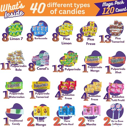 120-piece Mexican candy mix with chamoy, Vero lollipops, Lucas powder, and tamarind Pulparindo in assorted flavors