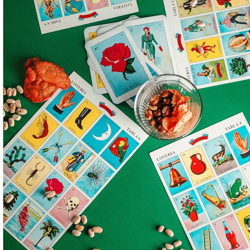 Classic Mexican Lotería bingo-style game with 54 colorful cards and counting chips
