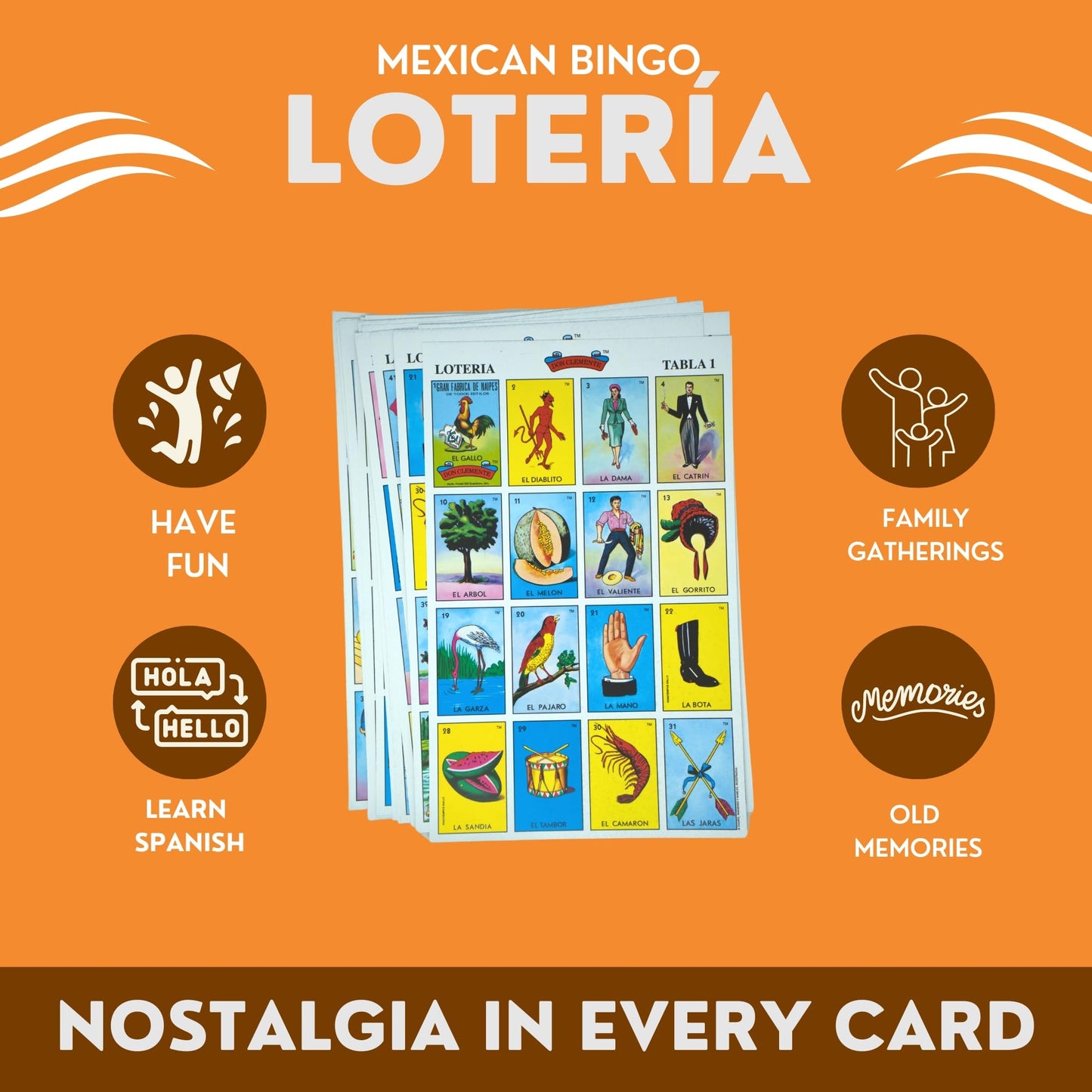 Classic Mexican Lotería bingo-style game with 54 colorful cards and counting chips