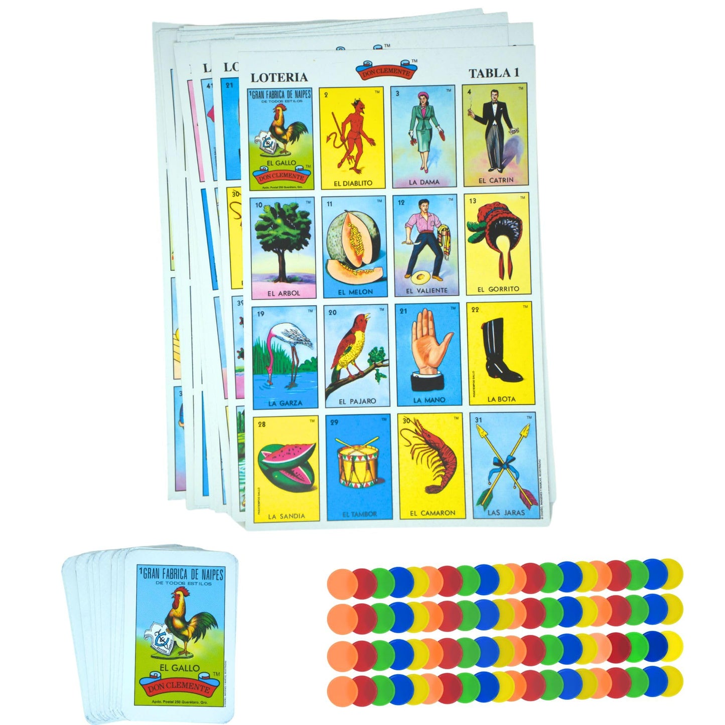 Classic Mexican Lotería bingo-style game with 54 colorful cards and counting chips