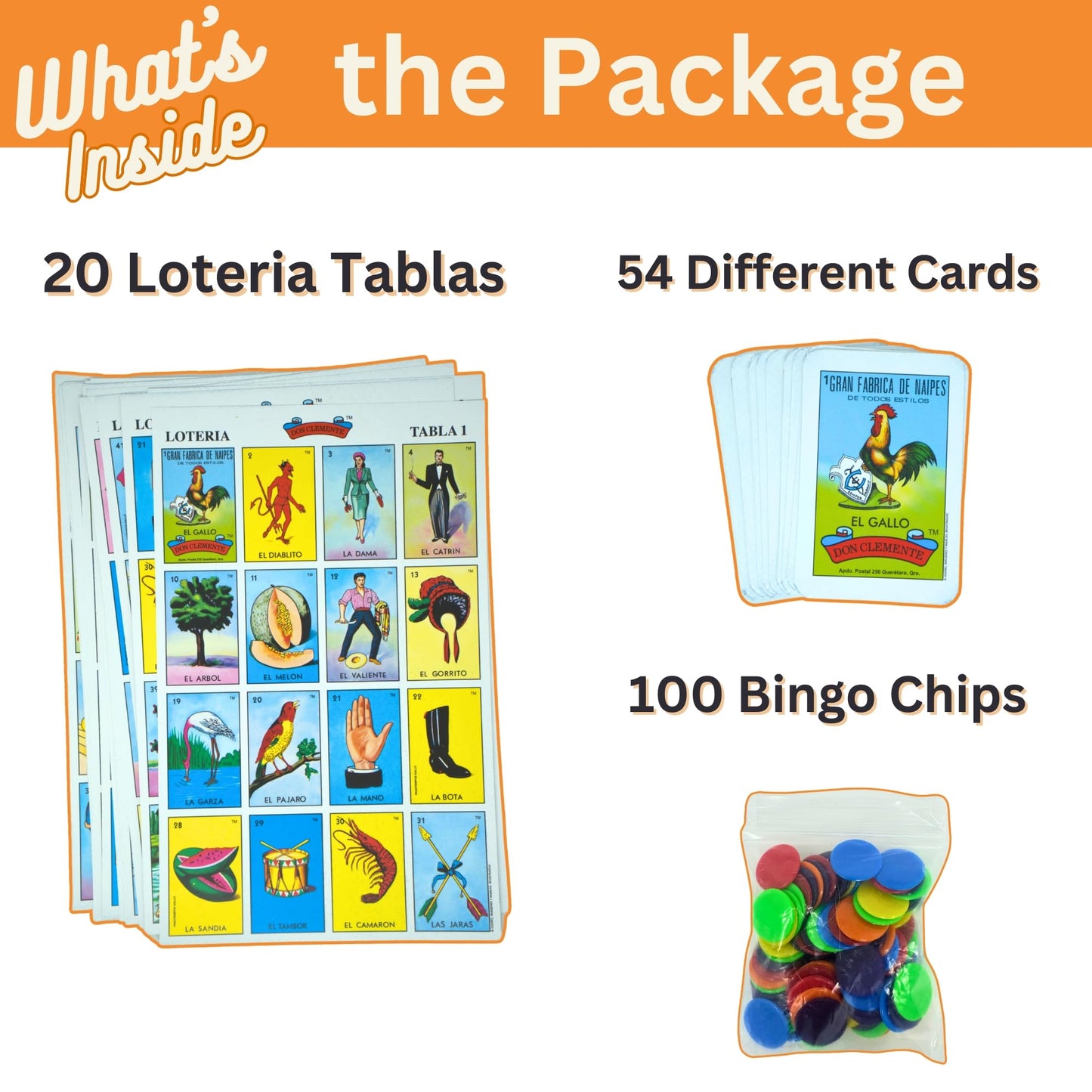 Classic Mexican Lotería bingo-style game with 54 colorful cards and counting chips