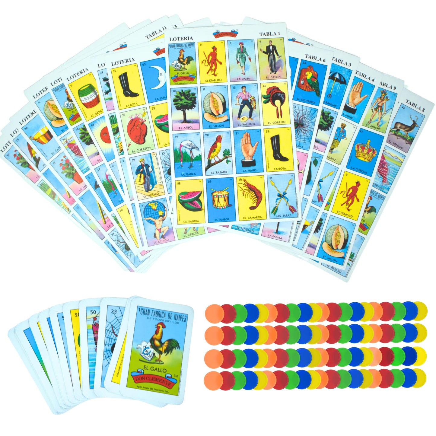 Classic Mexican Lotería bingo-style game with 54 colorful cards and counting chips