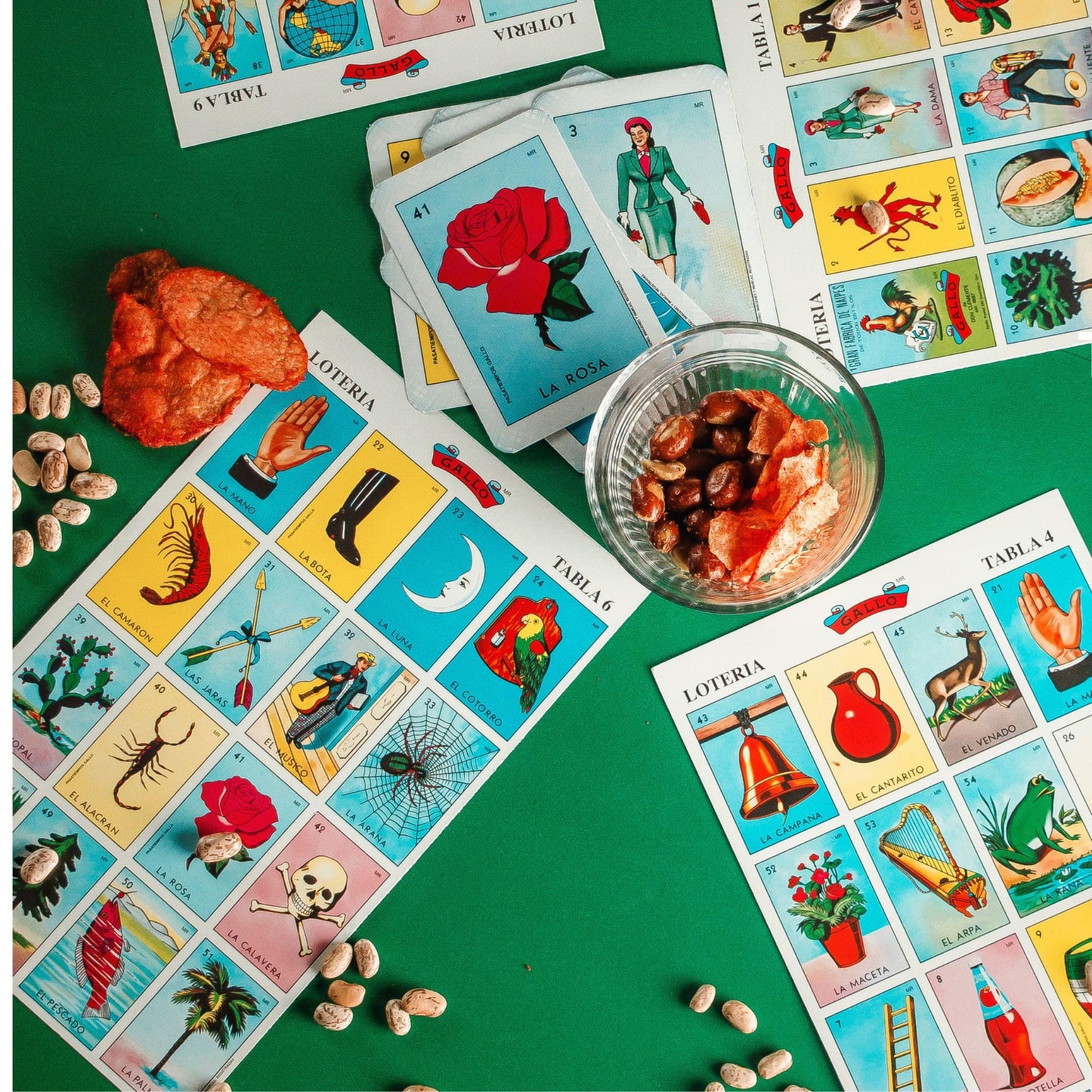 Classic Mexican Lotería bingo-style game with 54 colorful cards and counting chips
