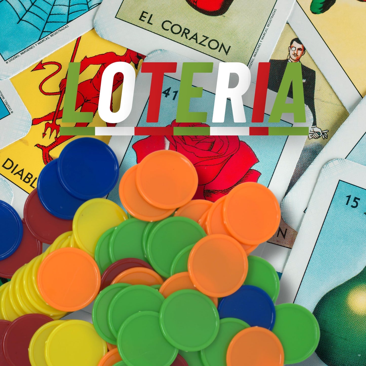 Classic Mexican Lotería bingo-style game with 54 colorful cards and counting chips