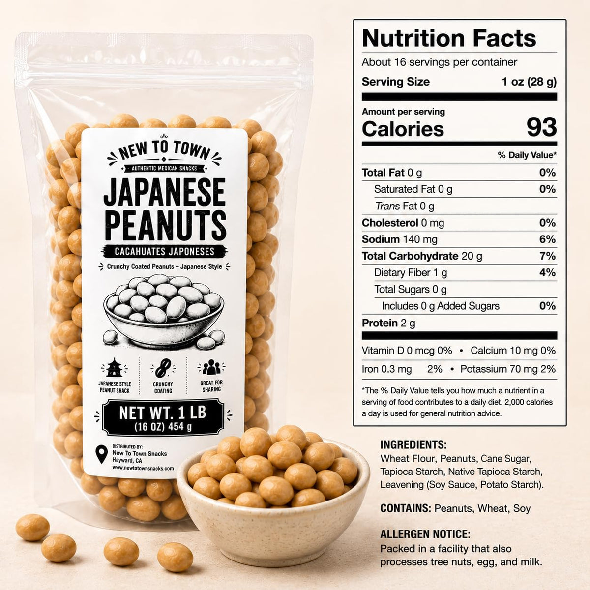 Japanese Peanuts 1 lb, Cacahuates Japoneses Mexicano, Crunchy Coated Peanuts Japanese Style, Mexican Peanuts Snack, Resealable Bag, New to Town