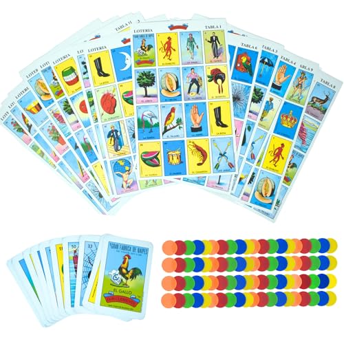 Classic Mexican Lotería bingo-style game with 54 colorful cards and counting chips