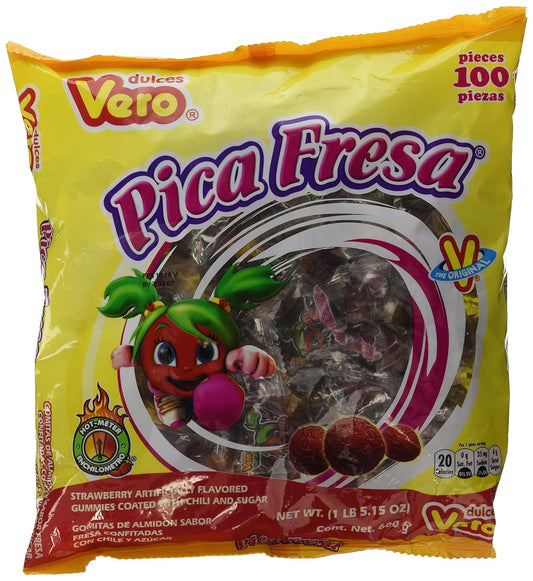 Vero Pica Fresa – Strawberry Chili Candy Balls | 100 Count Mexican Candy