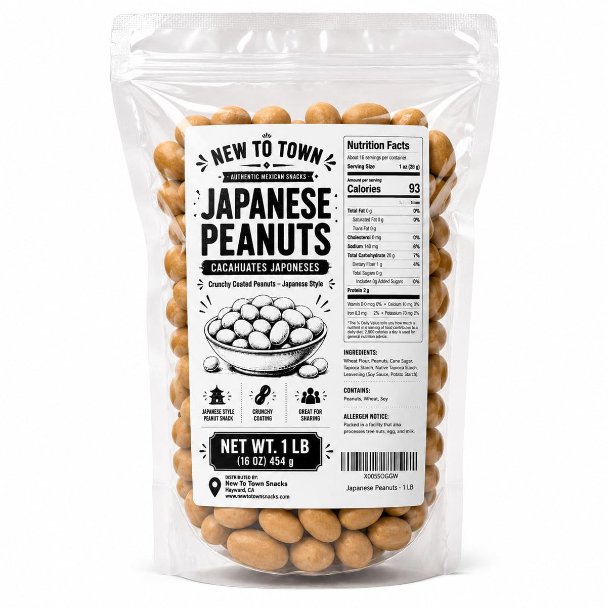 Japanese Peanuts 1 lb, Cacahuates Japoneses Mexicano, Crunchy Coated Peanuts Japanese Style, Mexican Peanuts Snack, Resealable Bag, New to Town
