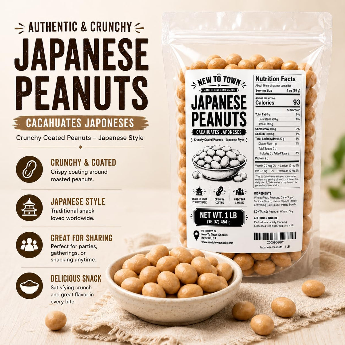 Japanese Peanuts 1 lb, Cacahuates Japoneses Mexicano, Crunchy Coated Peanuts Japanese Style, Mexican Peanuts Snack, Resealable Bag, New to Town