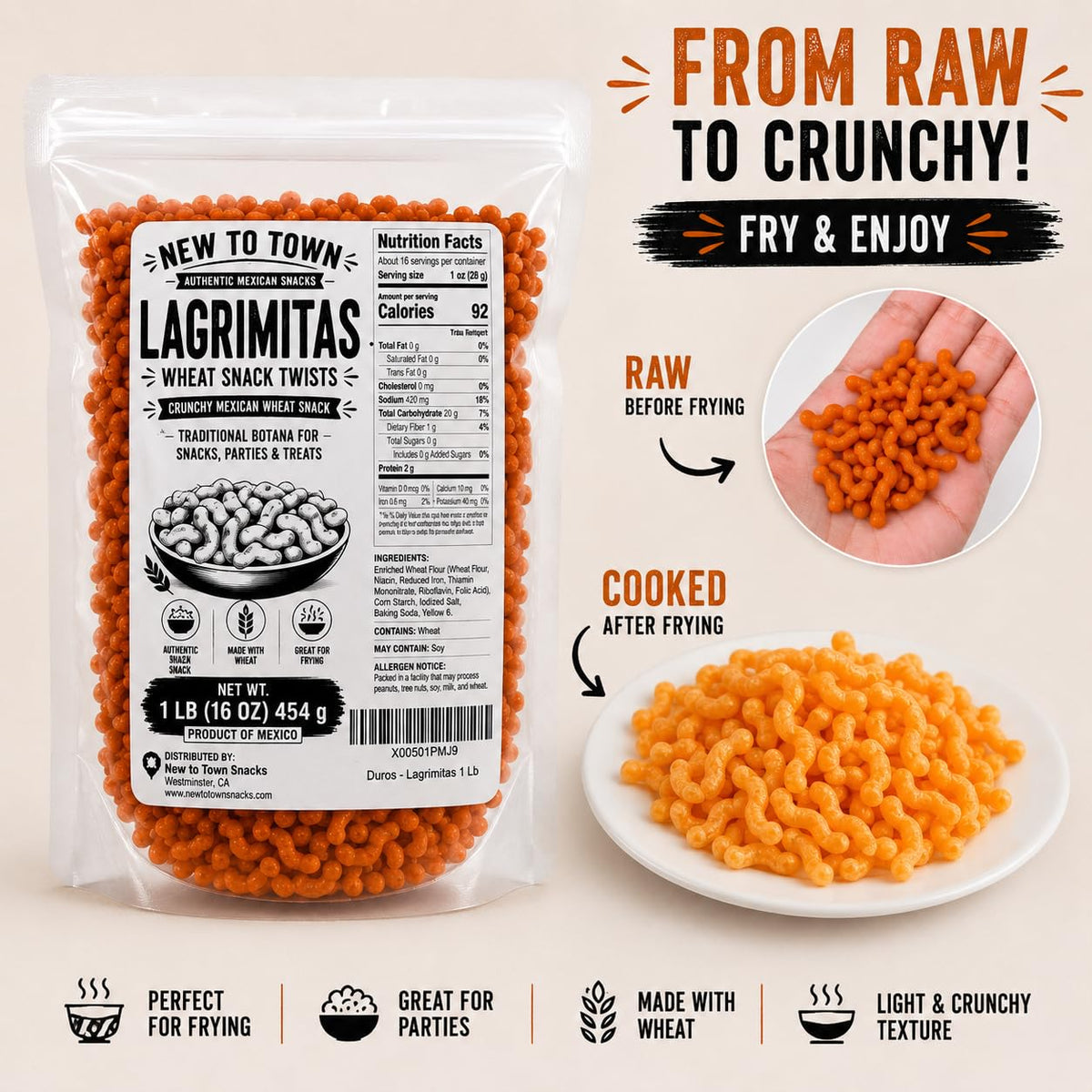 Duros Wheat Snack 1 lb, Mexican Wheat Pasta for Frying, Lagrimitas Chicharrones de Harina, Mexican Snacks, Duros de Harina, New to Town