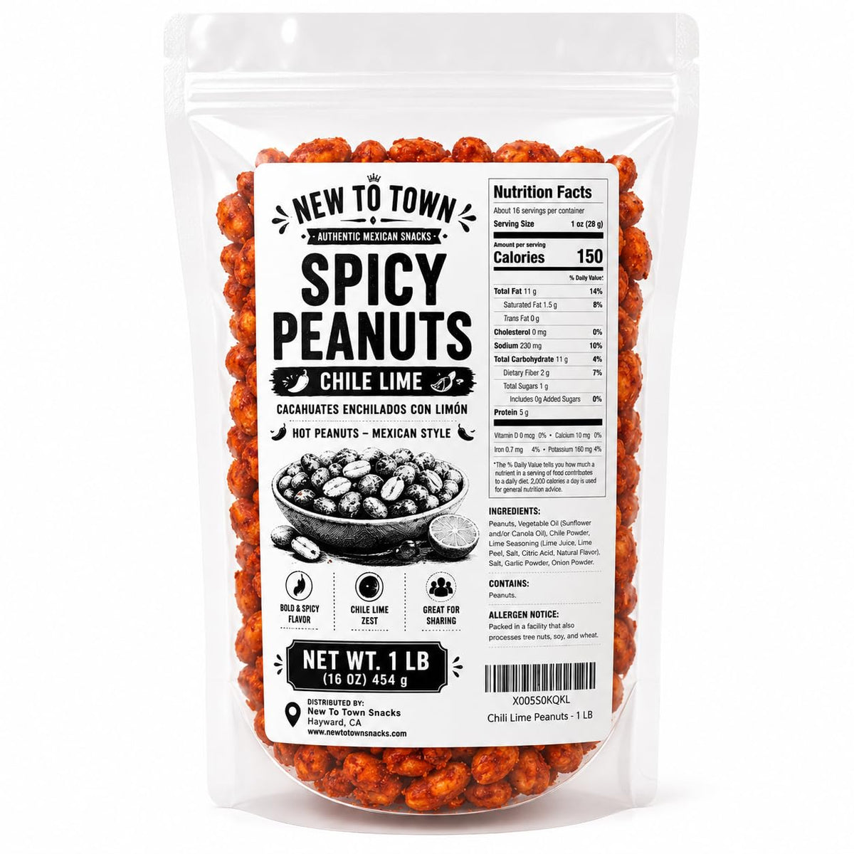 Spicy Peanuts Chile Lime 1 lb, Hot Peanuts Mexican Style, Cacahuates Enchilados con Limon, Mexican Snacks, Resealable Bag