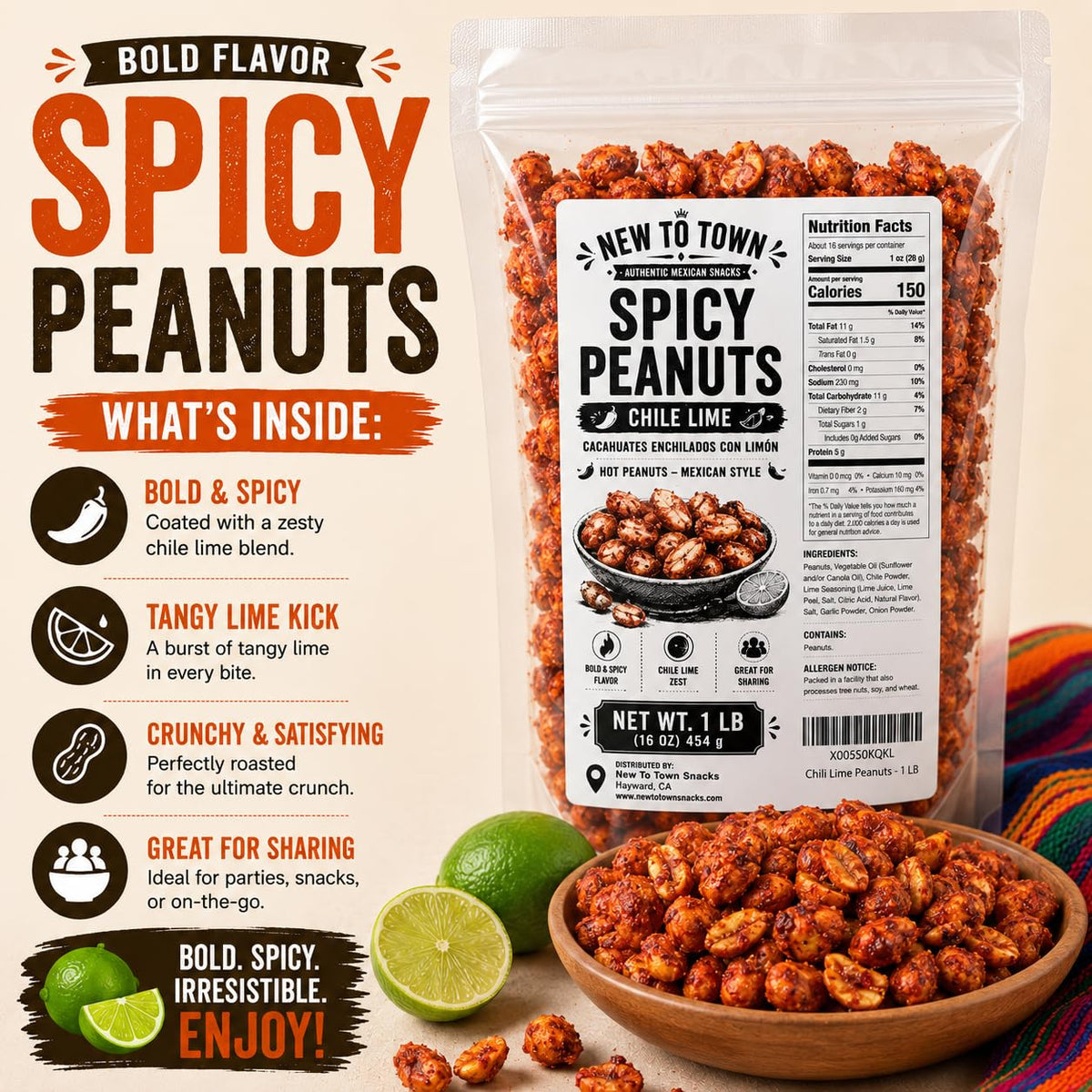Spicy Peanuts Chile Lime 1 lb, Hot Peanuts Mexican Style, Cacahuates Enchilados con Limon, Mexican Snacks, Resealable Bag