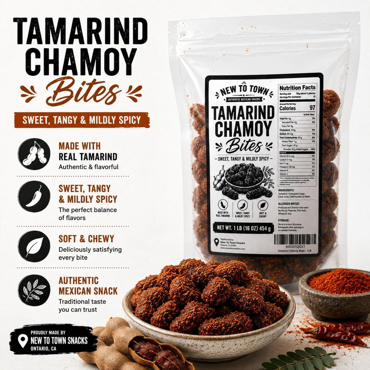 Tamarind Chamoy Candy– Sweet, Tangy & Mildly Spicy Soft Tamarind Candy – Mexican Tamarindo Candy for Snacks, Treats & Desserts (16 Ounce)