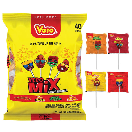 Vero Banda Fuego Mix Assorted Chili Lollipops, Artificially Flavored, Net Wt. 21.86 Ounces, 40 Count