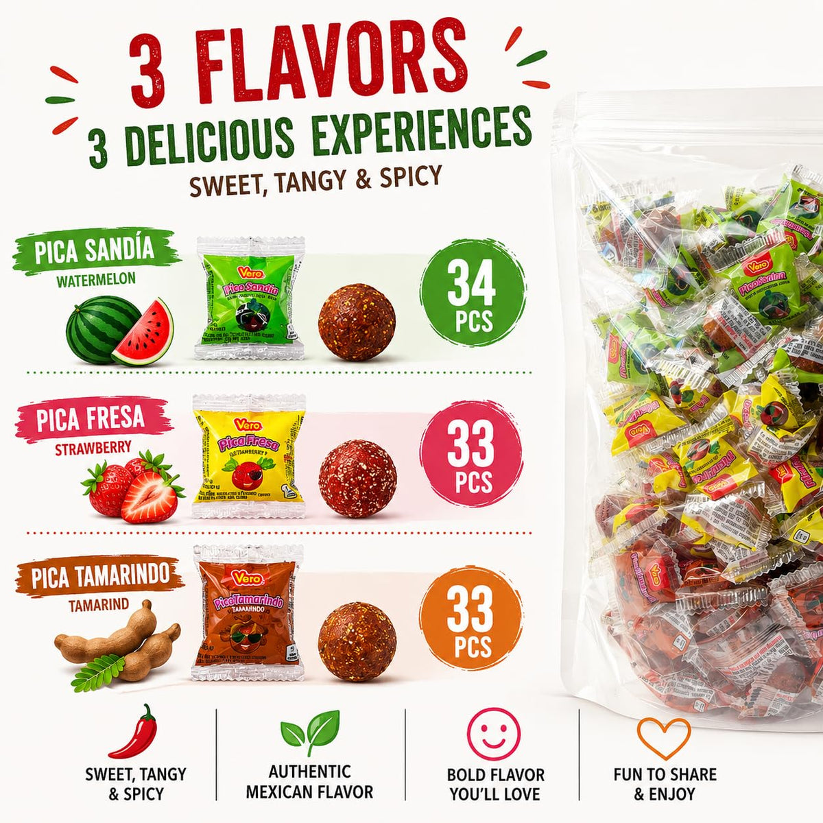 Vero Pica Mix Mexican Candy Variety Pack 100 Count, Hard Candy Strawberry Tamarind Watermelon, Dulces Mexicanos Candy Assortment