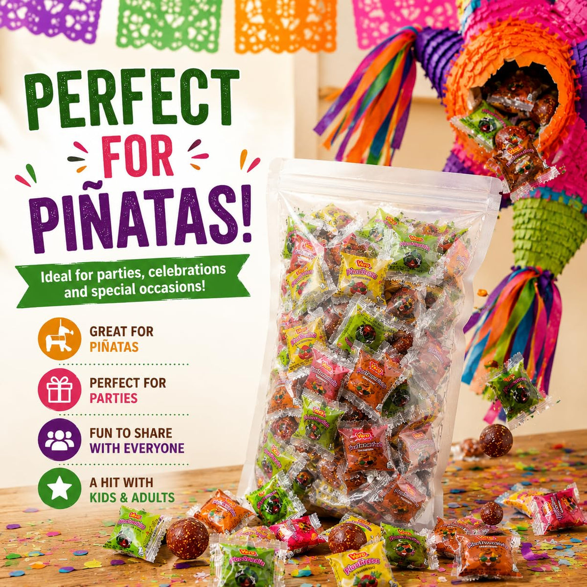 Vero Pica Mix Mexican Candy Variety Pack 100 Count, Hard Candy Strawberry Tamarind Watermelon, Dulces Mexicanos Candy Assortment